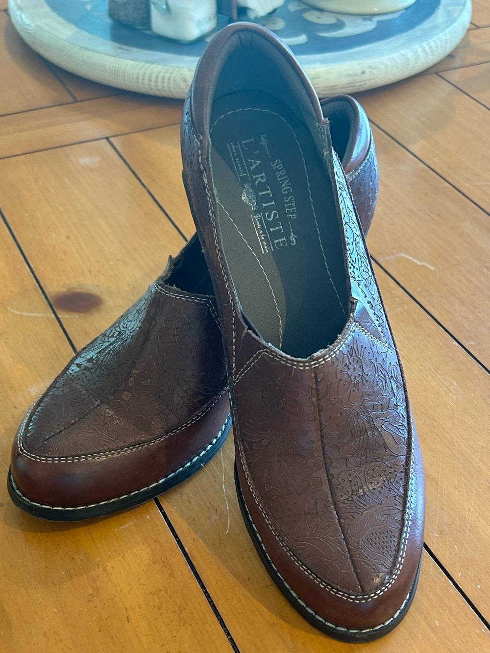 L'ATISTE Brown Embossed Leather Slip-On Heels spring step